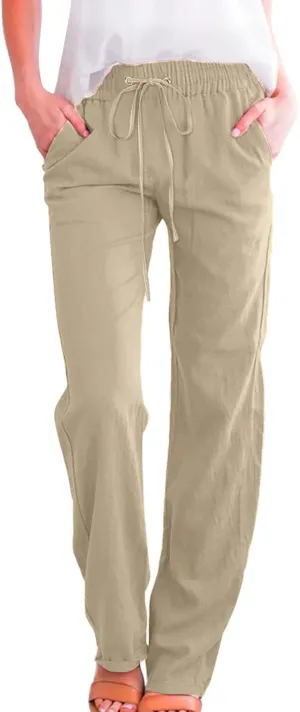 Women's Solid Striped Linen Capris Casual Drawstring Elastic Trousers Comfy Beach Palazzo Harem Pants with Pockets