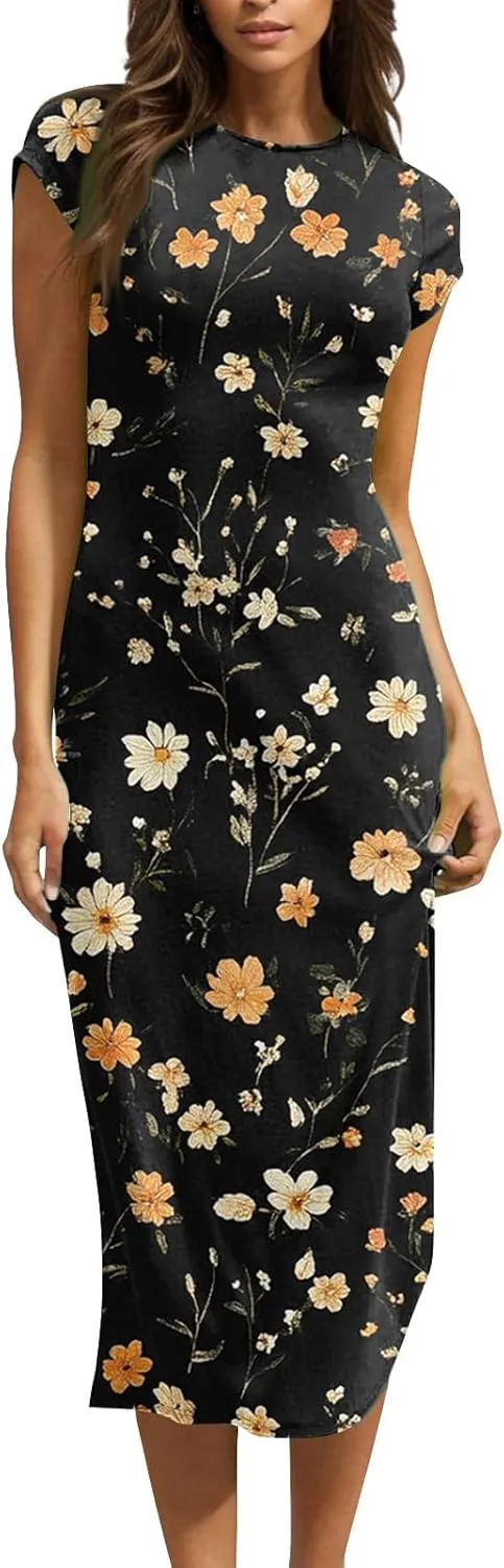 Women's Summer Boho Short Sleeve Crew Neck Midi Floral Dresses Wrap a Line Hawaiian 2025 Dress
