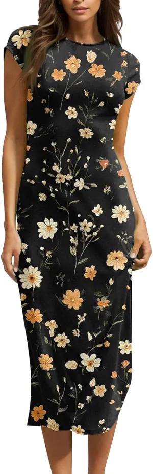 Women's Summer Boho Short Sleeve Crew Neck Midi Floral Dresses Wrap a Line Hawaiian 2025 Dress