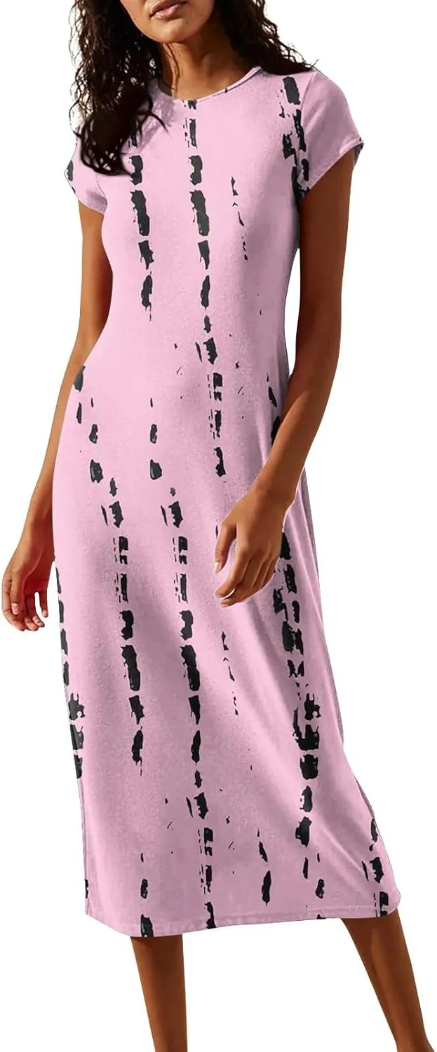 Women's Summer Boho Short Sleeve Crew Neck Midi Floral Dresses Wrap a Line Hawaiian 2025 Dress