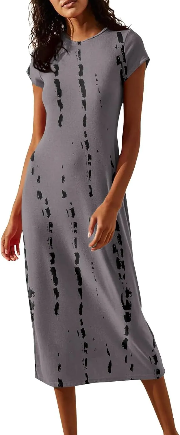 Women's Summer Boho Short Sleeve Crew Neck Midi Floral Dresses Wrap a Line Hawaiian 2025 Dress