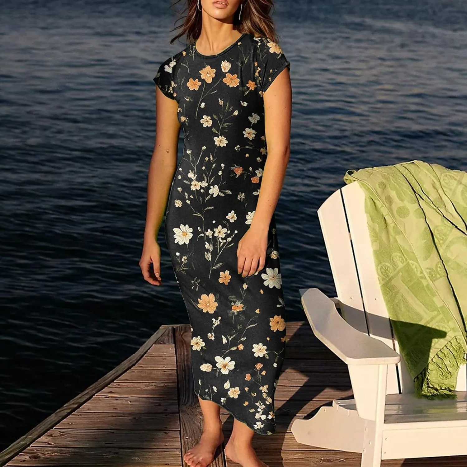 Women's Summer Boho Short Sleeve Crew Neck Midi Floral Dresses Wrap a Line Hawaiian 2025 Dress