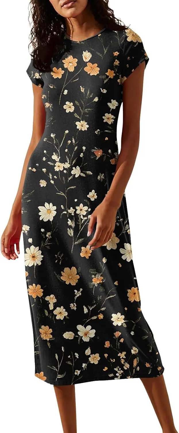 Women's Summer Boho Short Sleeve Crew Neck Midi Floral Dresses Wrap a Line Hawaiian 2025 Dress
