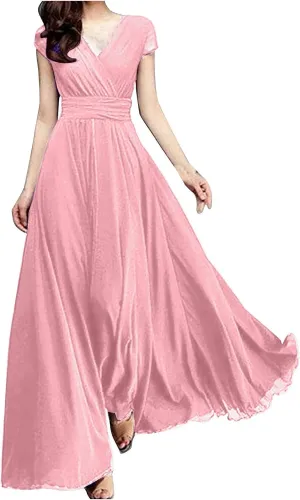 Womens Summer Chiffon Short Slit Sleeve V Neck Ruffled Wrap Wedding Bridesmaid Long Maxi Dresses for Women Summer