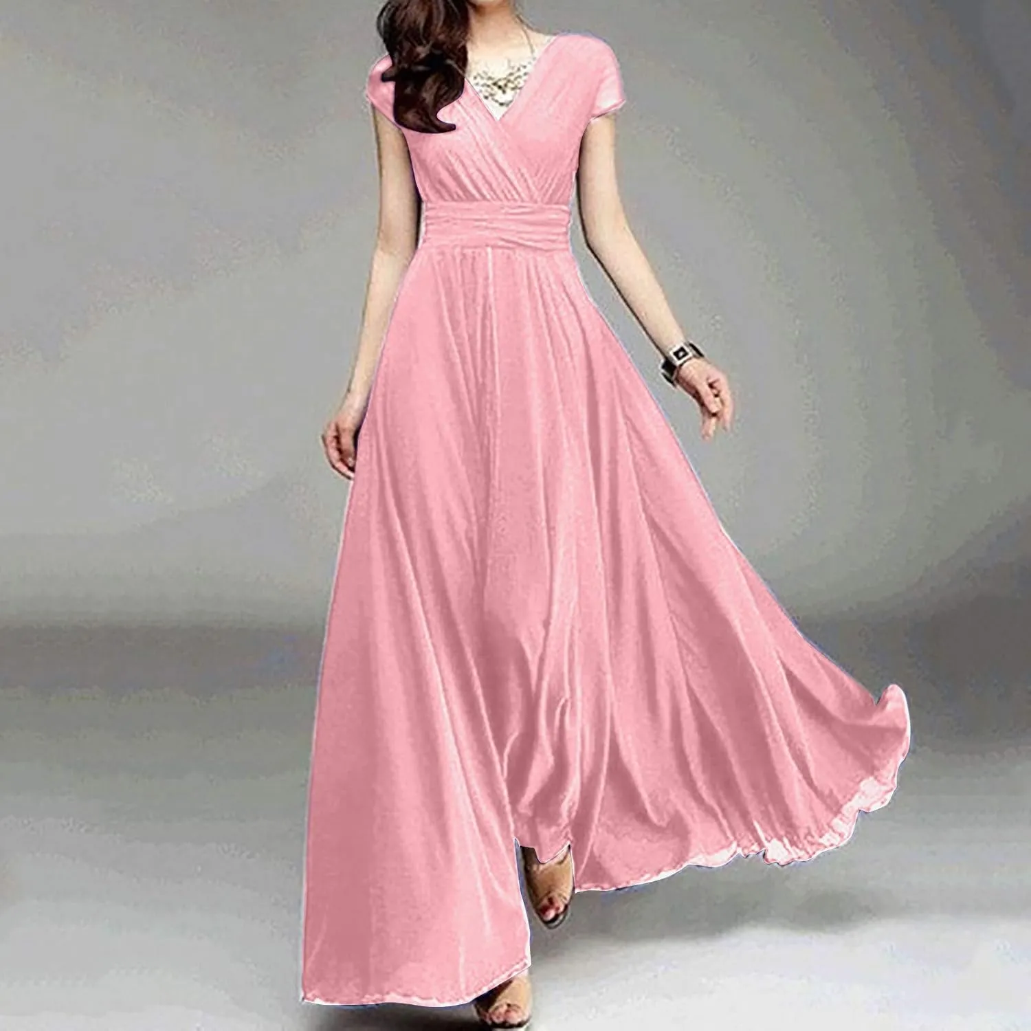Womens Summer Chiffon Short Slit Sleeve V Neck Ruffled Wrap Wedding Bridesmaid Long Maxi Dresses for Women Summer