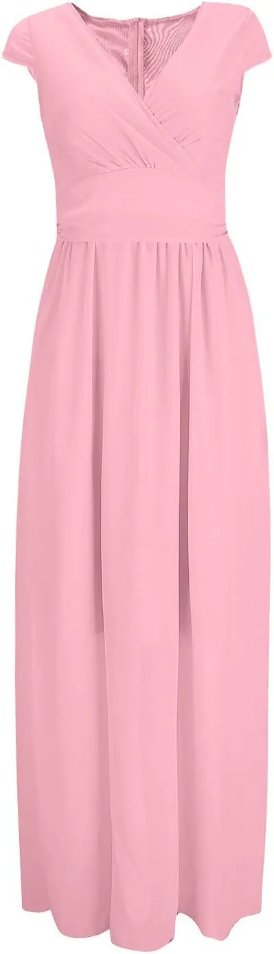 Womens Summer Chiffon Short Slit Sleeve V Neck Ruffled Wrap Wedding Bridesmaid Long Maxi Dresses for Women Summer
