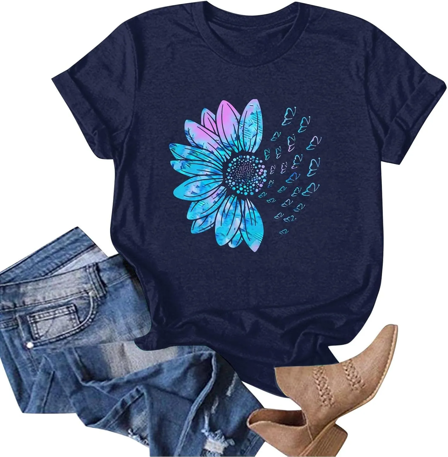 Womens Summer Short Sleeve Tops Vintage Floral Crew Neck Loose Fit Tees Casual Summer Basic Tunic Top Trendy 2025
