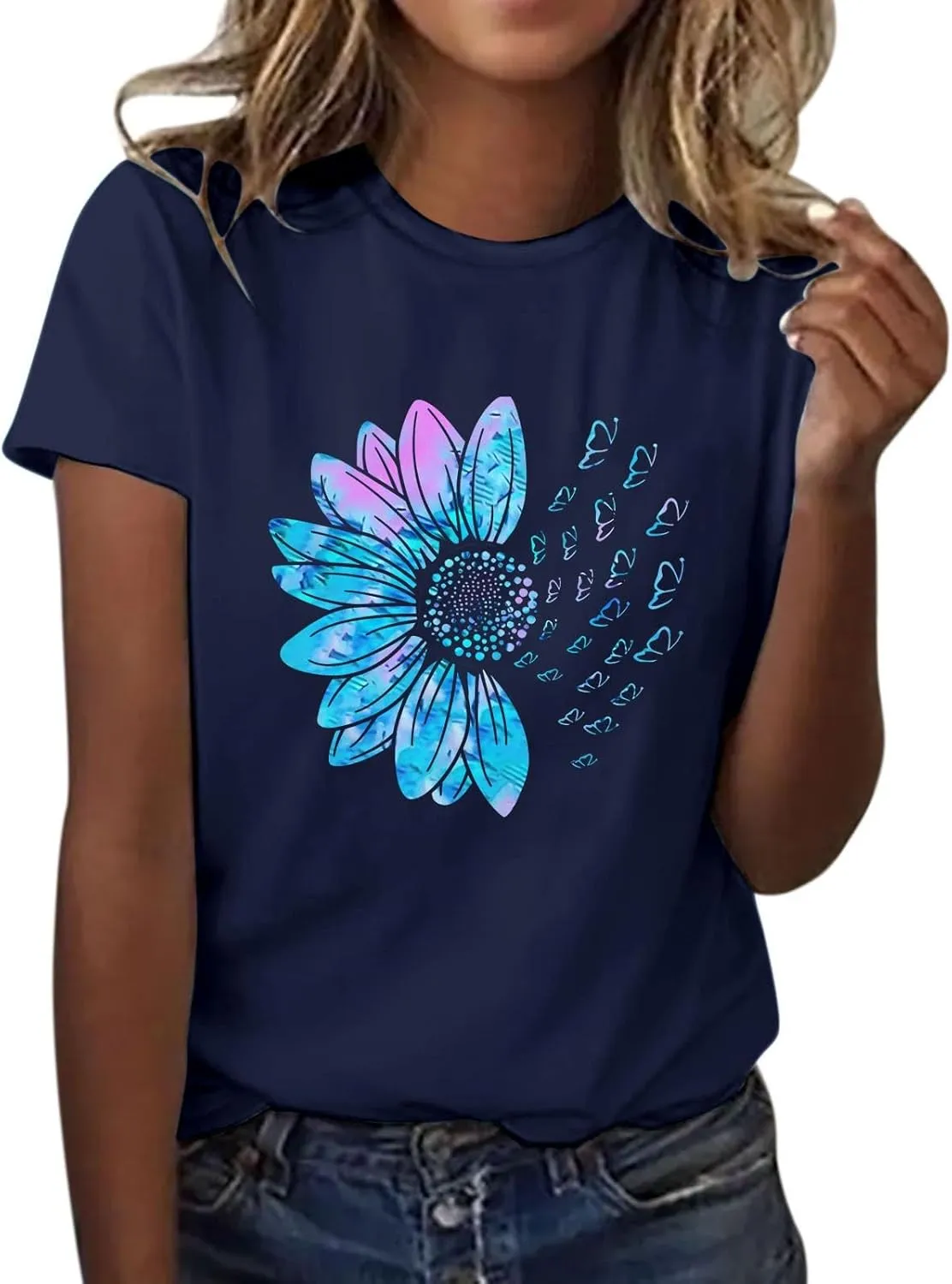 Womens Summer Short Sleeve Tops Vintage Floral Crew Neck Loose Fit Tees Casual Summer Basic Tunic Top Trendy 2025
