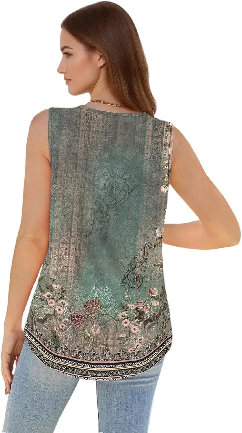 Womens Summer Tops 2025 Button-Down V-Neck Sleeveless Tank Tops Loose Fit Dressy Blouses Casual Floral Tunics Tshirt