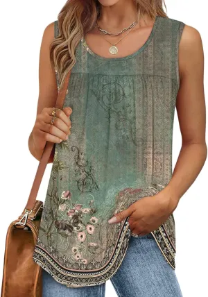 Womens Summer Tops 2025 Button-Down V-Neck Sleeveless Tank Tops Loose Fit Dressy Blouses Casual Floral Tunics Tshirt