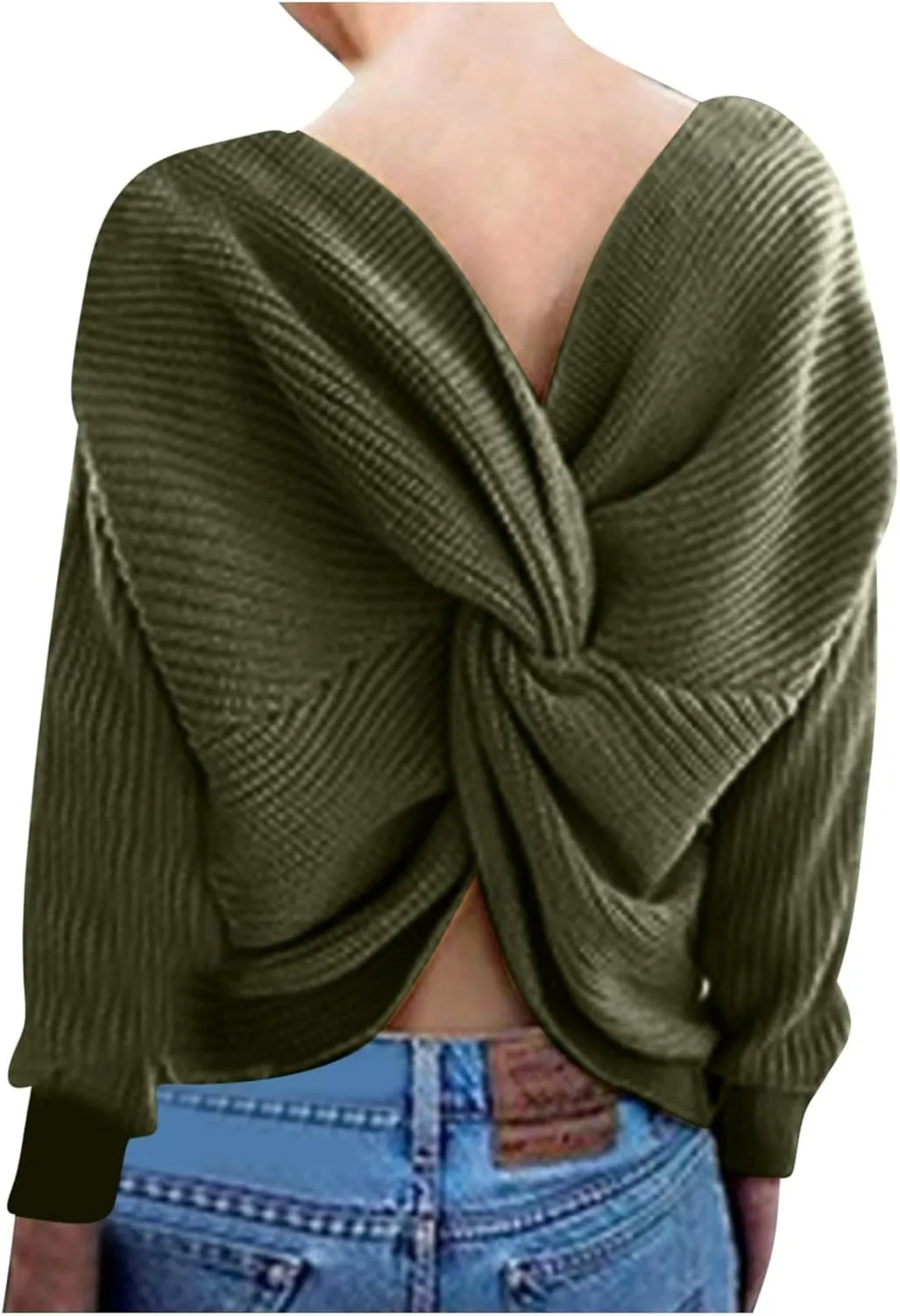 Womens Sweaters V Neck Long Sleeve Knitted Pullovers Fashion Twisted Back Cable Knit Chunky Loose Jumper Sweater