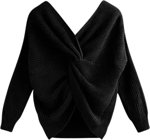 Womens Sweaters V Neck Long Sleeve Knitted Pullovers Fashion Twisted Back Cable Knit Chunky Loose Jumper Sweater