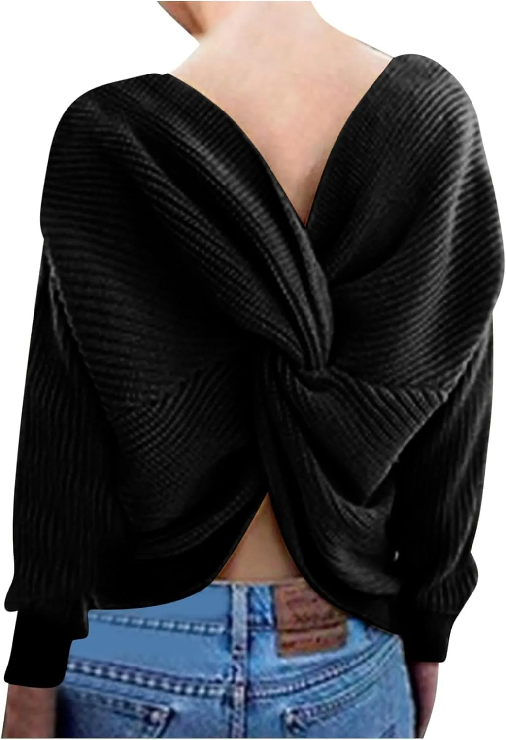 Womens Sweaters V Neck Long Sleeve Knitted Pullovers Fashion Twisted Back Cable Knit Chunky Loose Jumper Sweater