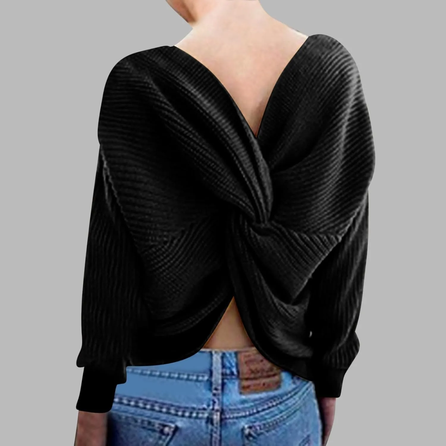 Womens Sweaters V Neck Long Sleeve Knitted Pullovers Fashion Twisted Back Cable Knit Chunky Loose Jumper Sweater
