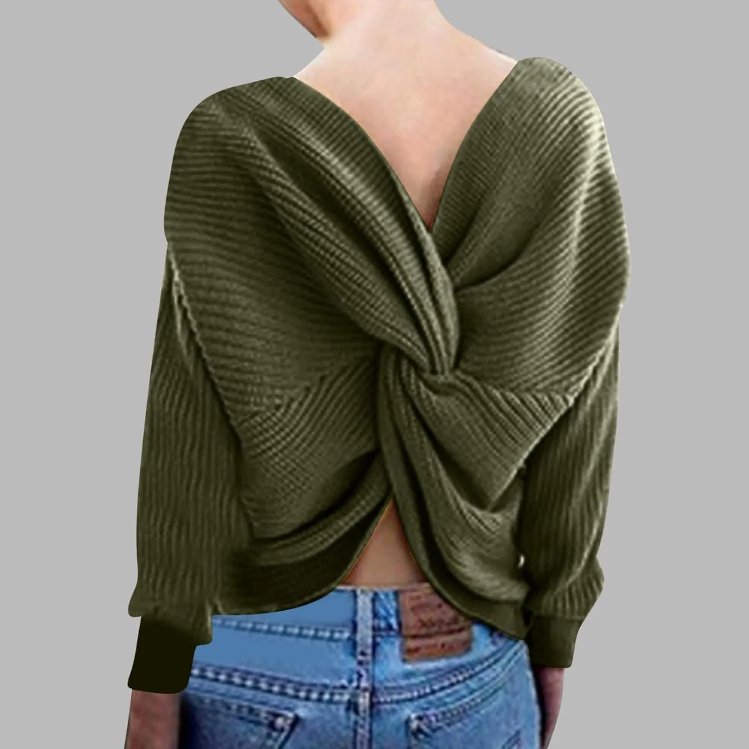 Womens Sweaters V Neck Long Sleeve Knitted Pullovers Fashion Twisted Back Cable Knit Chunky Loose Jumper Sweater