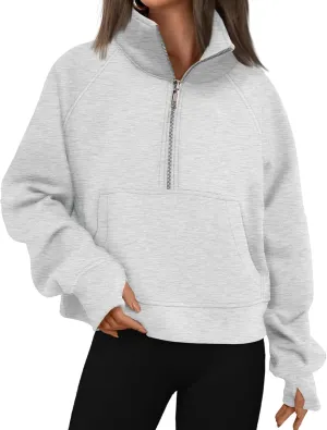 Womens Sweatshirt Half Zip Pullover Fleece Hoodie Quarter Zipper Cropped Sweatshirt Fall Outfits Clothes Thumb Hole