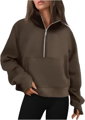 Women's Sweatshirts Half Zip Cropped Pullover Sweatshirts Fleece Sweatshirt with Pocket Fall Winter Outfits New Clothes