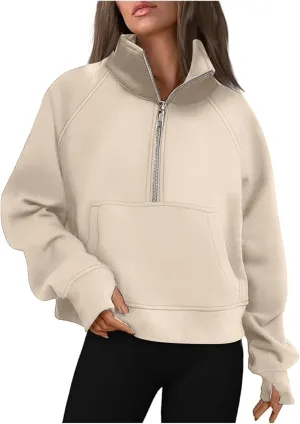 Women's Sweatshirts Half Zip Cropped Pullover Sweatshirts Fleece Sweatshirt with Pocket Fall Winter Outfits New Clothes