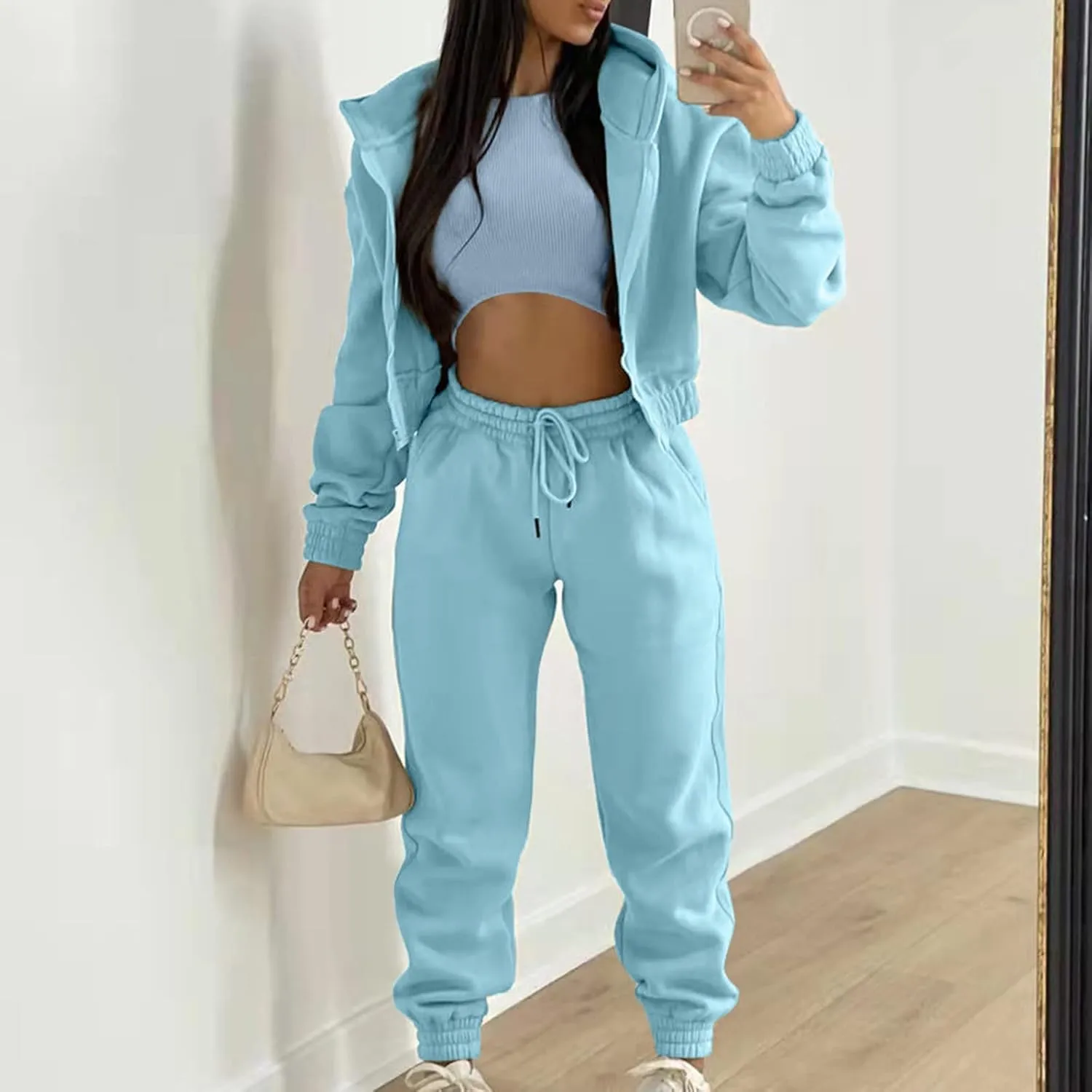 Womens Sweatsuits 3 Piece Set, Loose Pullover Hoodies Tops and Sweatpants Tracksuit Jogger Set Lounge Matching Set