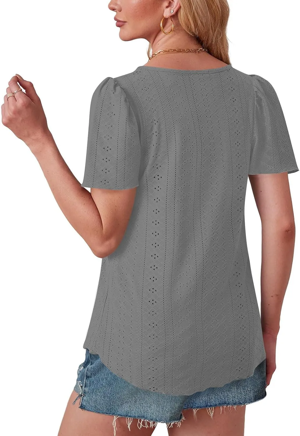 Womens Tops Eyelet Embroidery Crewneck T-Shirts Summer Casual Loose Fit Tunic Blouses Business Work Shirts