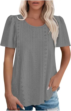 Womens Tops Eyelet Embroidery Crewneck T-Shirts Summer Casual Loose Fit Tunic Blouses Business Work Shirts