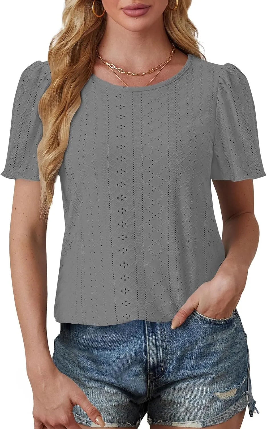 Womens Tops Eyelet Embroidery Crewneck T-Shirts Summer Casual Loose Fit Tunic Blouses Business Work Shirts
