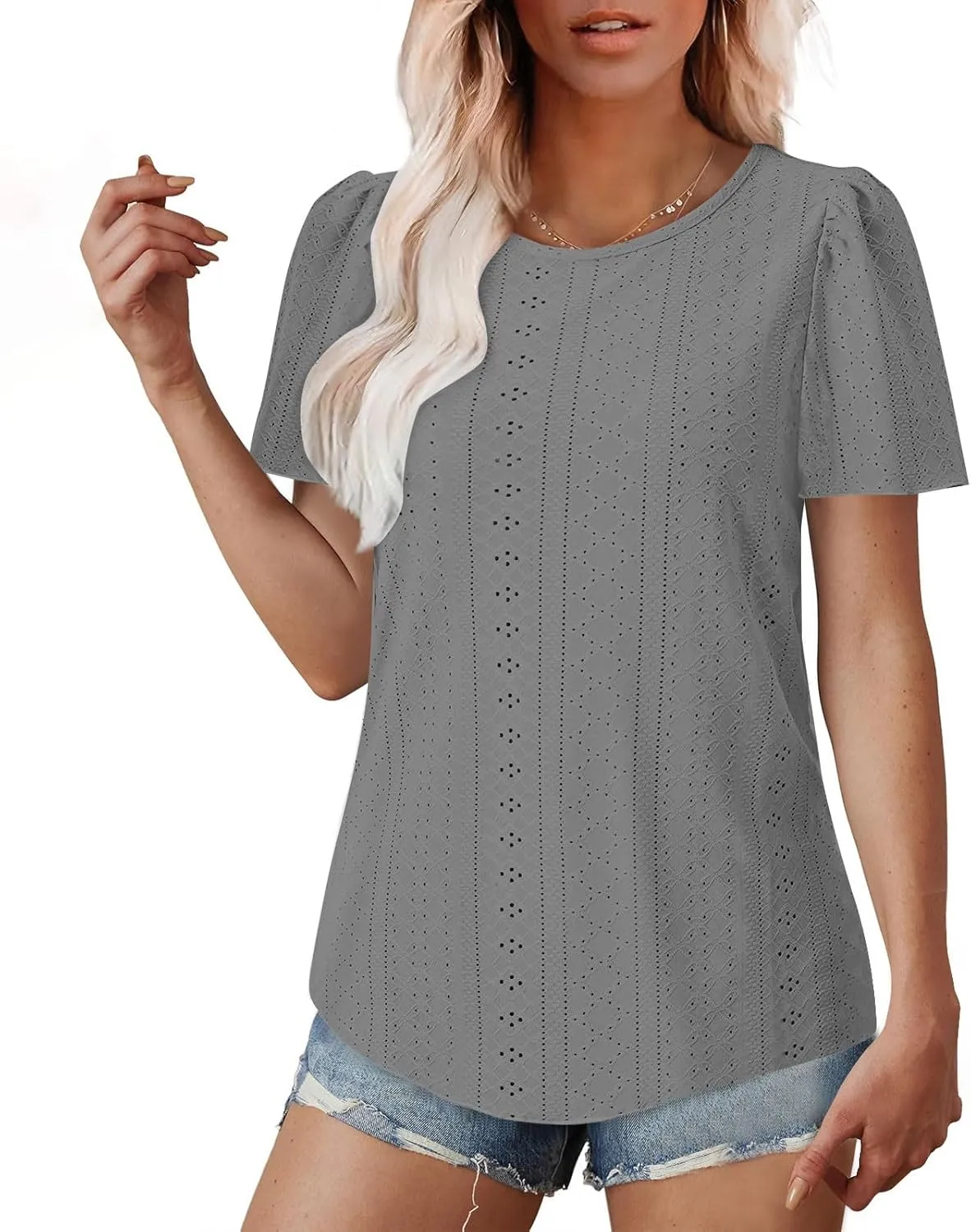 Womens Tops Eyelet Embroidery Crewneck T-Shirts Summer Casual Loose Fit Tunic Blouses Business Work Shirts
