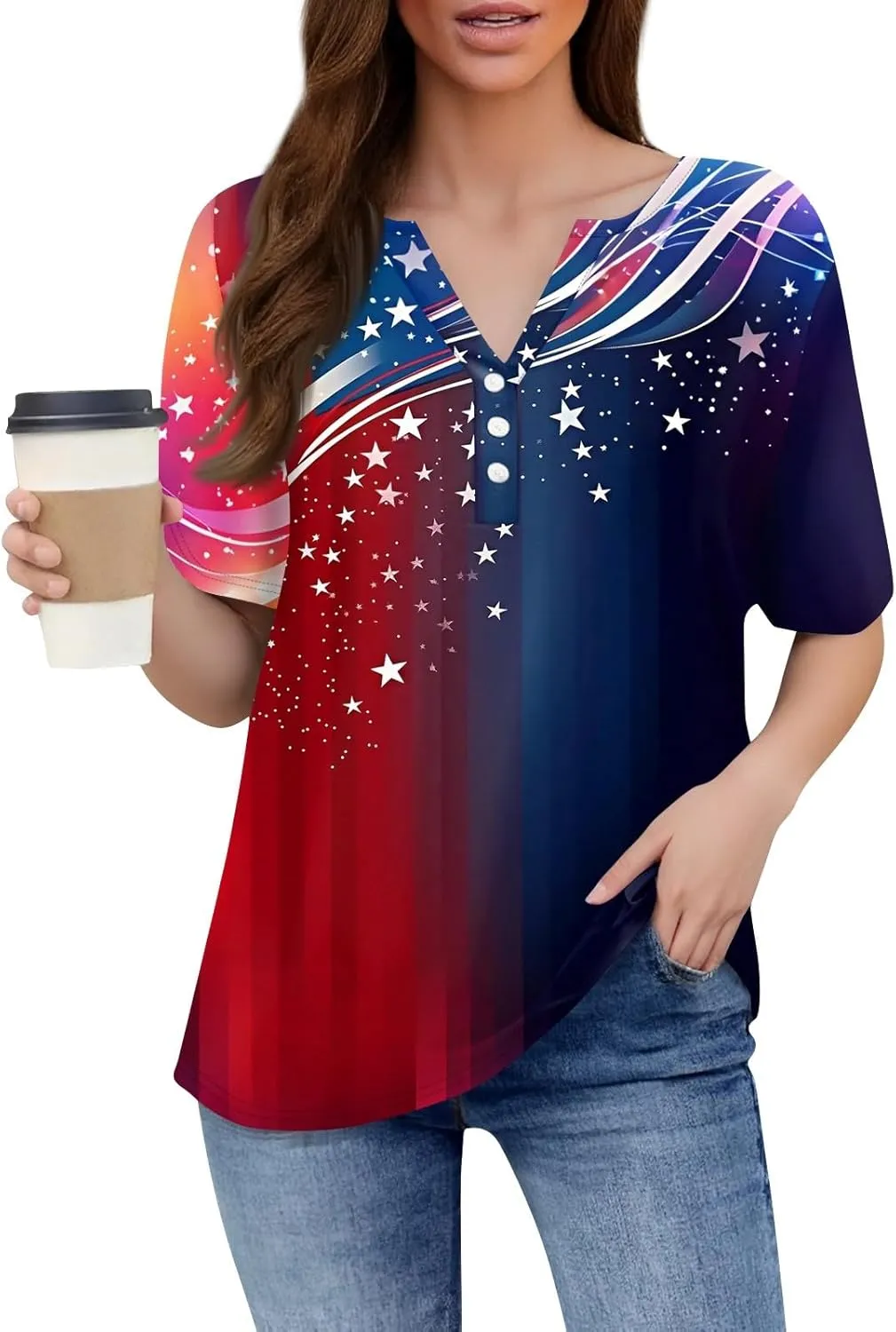 Womens Tops Short Sleeve 4Th of July Shirts Crew Neck Patriotic Women's Blouses Summer American Flag Print Outfits