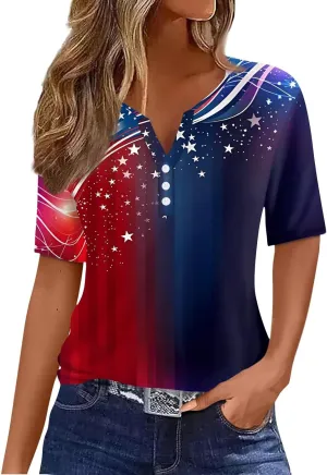 Womens Tops Short Sleeve 4Th of July Shirts Crew Neck Patriotic Women's Blouses Summer American Flag Print Outfits