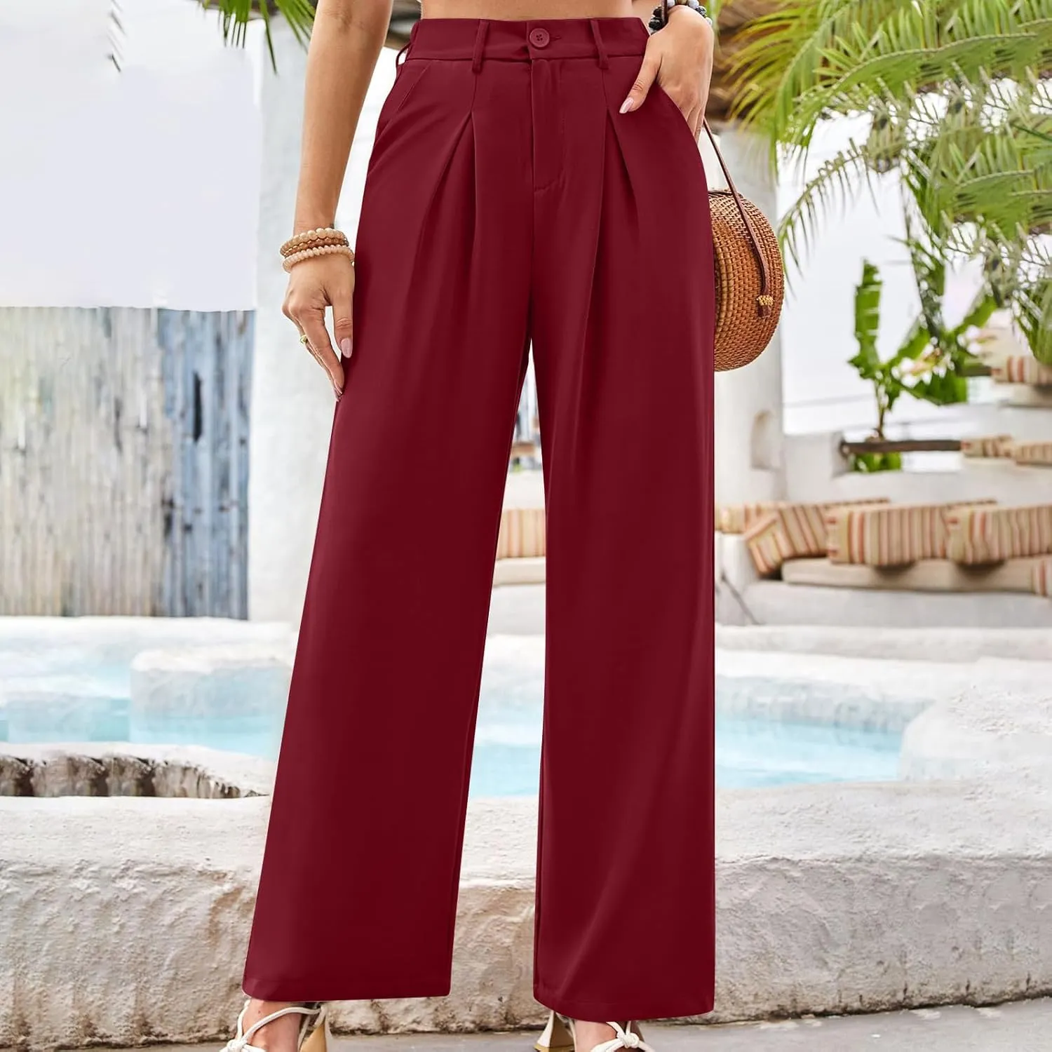Women's Trendy Dressy Pants Casual Business Work Straight Leg Pants Comfy High Waisted Pleated Baggy Suit Trousers