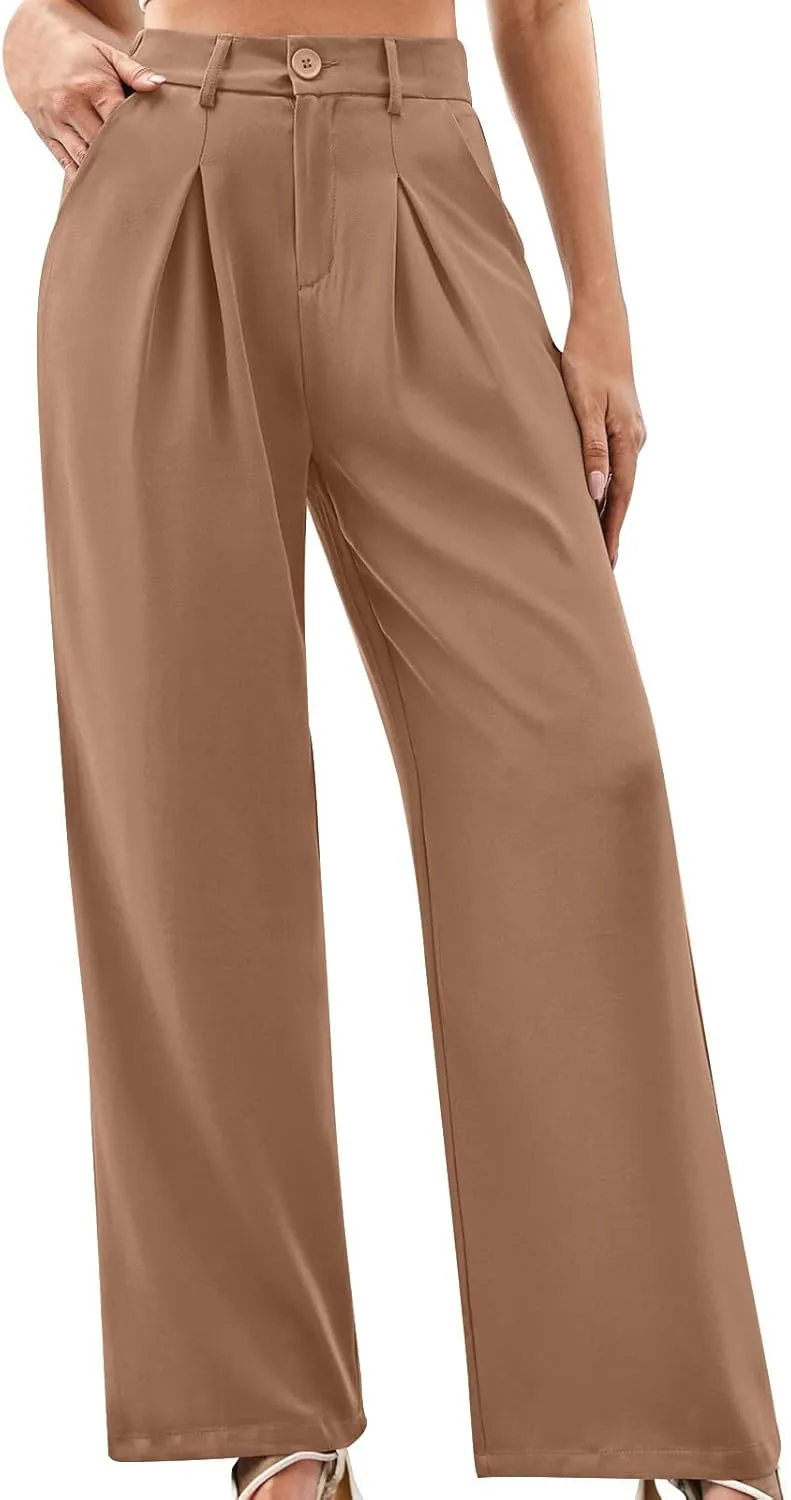 Women's Trendy Dressy Pants Casual Business Work Straight Leg Pants Comfy High Waisted Pleated Baggy Suit Trousers