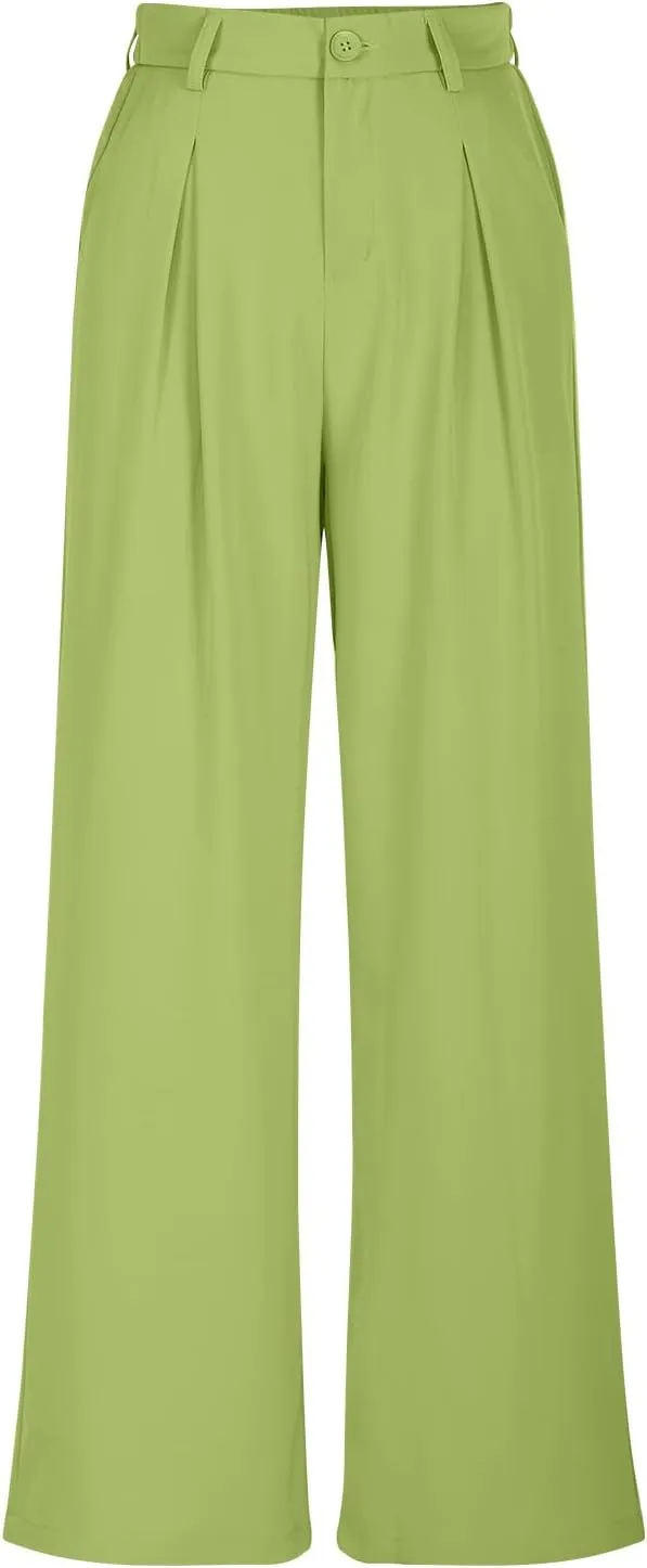 Women's Trendy Dressy Pants Casual Business Work Straight Leg Pants Comfy High Waisted Pleated Baggy Suit Trousers
