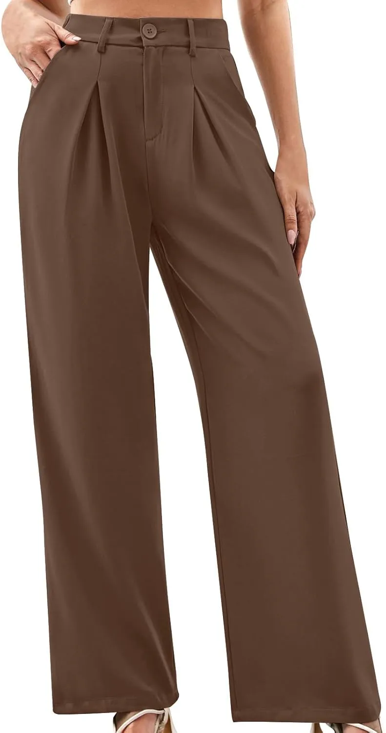 Women's Trendy Dressy Pants Casual Business Work Straight Leg Pants Comfy High Waisted Pleated Baggy Suit Trousers