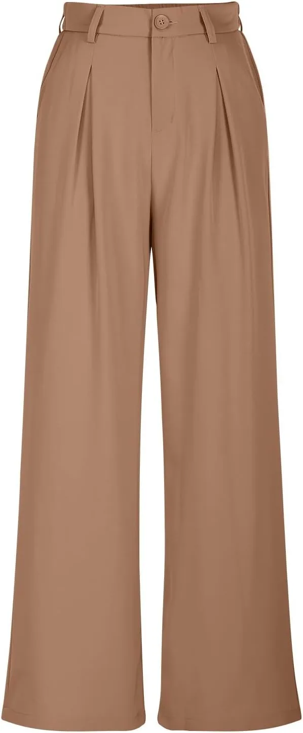Women's Trendy Dressy Pants Casual Business Work Straight Leg Pants Comfy High Waisted Pleated Baggy Suit Trousers
