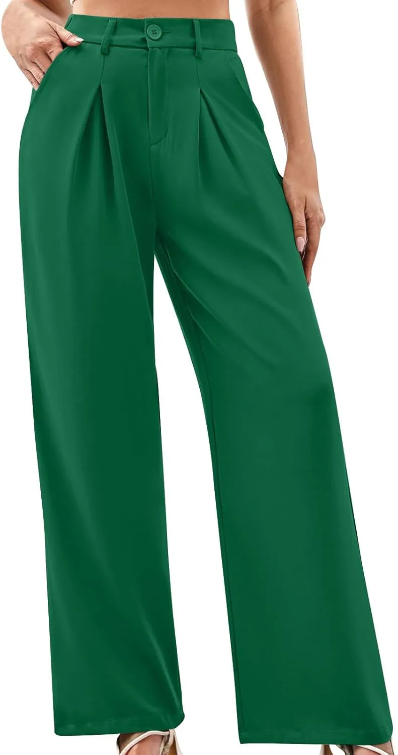 Women's Trendy Dressy Pants Casual Business Work Straight Leg Pants Comfy High Waisted Pleated Baggy Suit Trousers