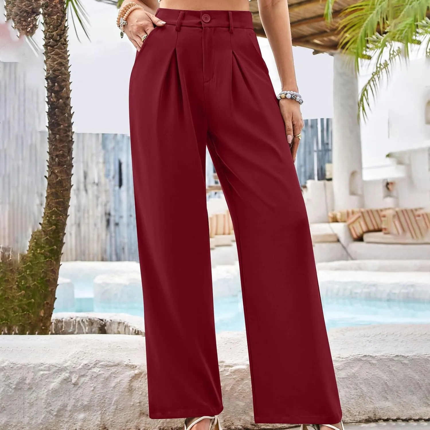 Women's Trendy Dressy Pants Casual Business Work Straight Leg Pants Comfy High Waisted Pleated Baggy Suit Trousers