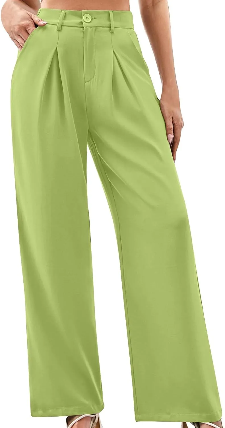 Women's Trendy Dressy Pants Casual Business Work Straight Leg Pants Comfy High Waisted Pleated Baggy Suit Trousers