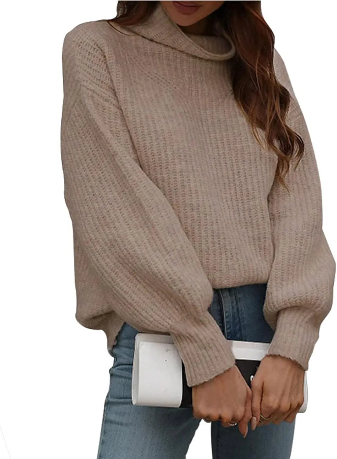 Women's Turtleneck Oversized Sweaters Casual Loose Jumper Top Long Sleeve Knitted Pullovers Warm Clothes for Winter