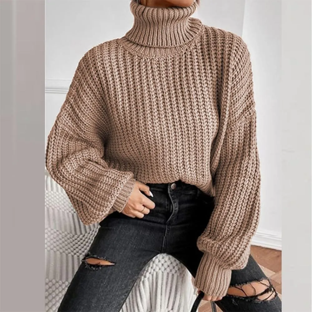 Women's Turtleneck Oversized Sweaters Drop Shoulder Long Sleeve Spilt Hem Tunic Pullover Sweater Ribbed Knit Tops