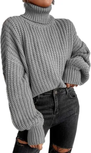 Women's Turtleneck Oversized Sweaters Drop Shoulder Long Sleeve Spilt Hem Tunic Pullover Sweater Ribbed Knit Tops