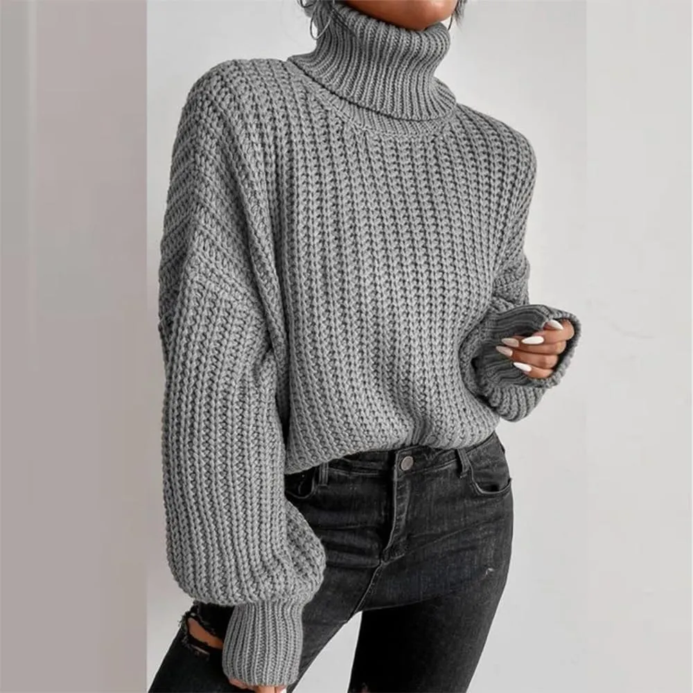 Women's Turtleneck Oversized Sweaters Drop Shoulder Long Sleeve Spilt Hem Tunic Pullover Sweater Ribbed Knit Tops