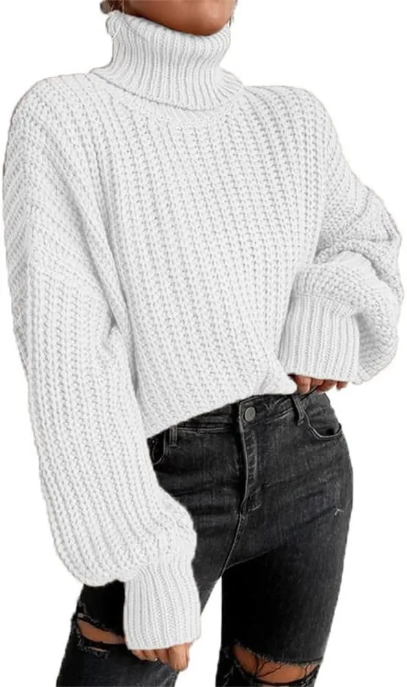 Women's Turtleneck Oversized Sweaters Drop Shoulder Long Sleeve Spilt Hem Tunic Pullover Sweater Ribbed Knit Tops
