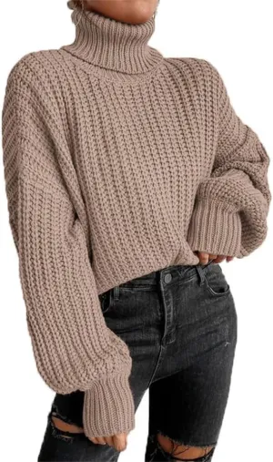 Women's Turtleneck Oversized Sweaters Drop Shoulder Long Sleeve Spilt Hem Tunic Pullover Sweater Ribbed Knit Tops