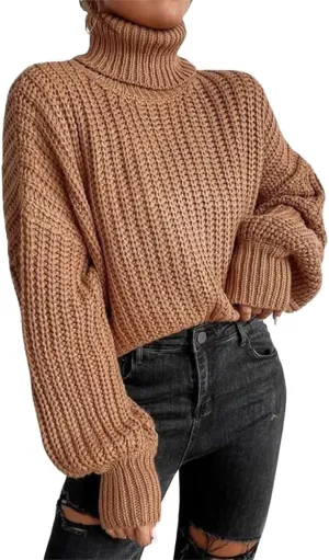 Women's Turtleneck Oversized Sweaters Drop Shoulder Long Sleeve Spilt Hem Tunic Pullover Sweater Ribbed Knit Tops