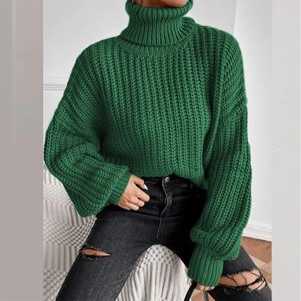 Women's Turtleneck Oversized Sweaters Drop Shoulder Long Sleeve Spilt Hem Tunic Pullover Sweater Ribbed Knit Tops