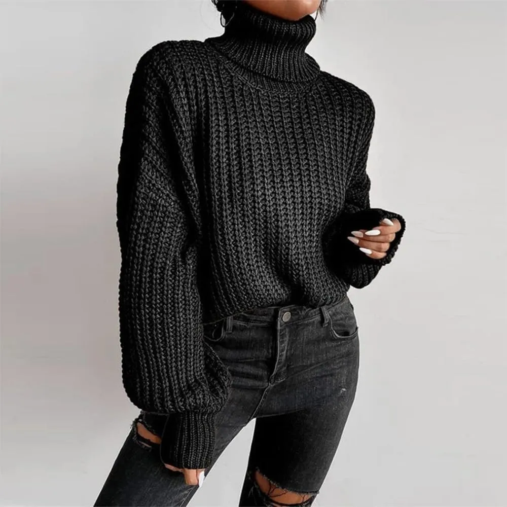 Women's Turtleneck Oversized Sweaters Drop Shoulder Long Sleeve Spilt Hem Tunic Pullover Sweater Ribbed Knit Tops