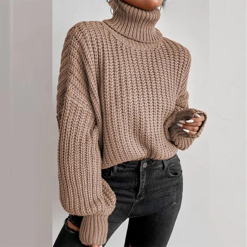 Women's Turtleneck Oversized Sweaters Drop Shoulder Long Sleeve Spilt Hem Tunic Pullover Sweater Ribbed Knit Tops