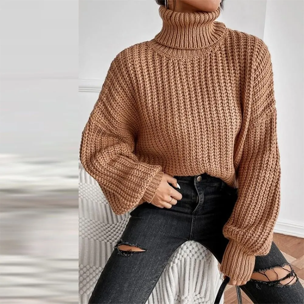 Women's Turtleneck Oversized Sweaters Drop Shoulder Long Sleeve Spilt Hem Tunic Pullover Sweater Ribbed Knit Tops