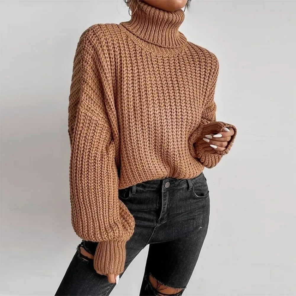 Women's Turtleneck Oversized Sweaters Drop Shoulder Long Sleeve Spilt Hem Tunic Pullover Sweater Ribbed Knit Tops