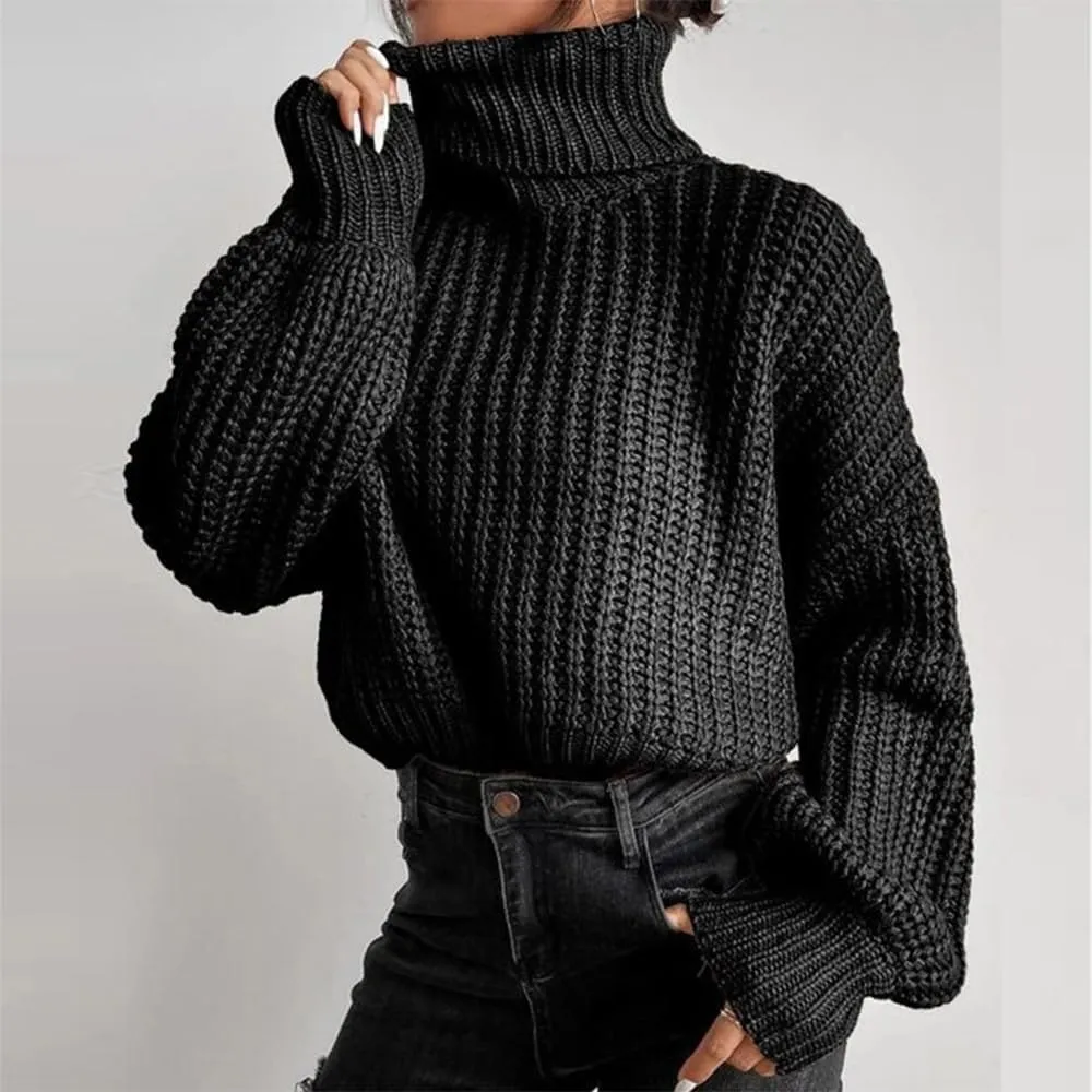 Women's Turtleneck Oversized Sweaters Drop Shoulder Long Sleeve Spilt Hem Tunic Pullover Sweater Ribbed Knit Tops